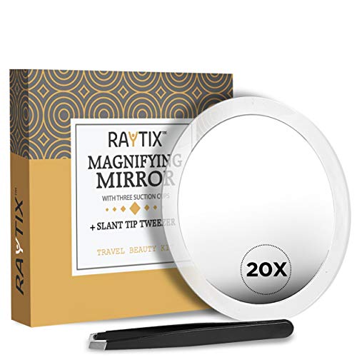 Product Cover 20X Magnifying Mirror & Slant Tweezers Makeup Application & Eyebrow Removal Essentials | Round Mirror With 3 Suction Cups & Stainless Steel Slant Tip Tweezer For Daily Beauty Routine 4 Inch (20x)