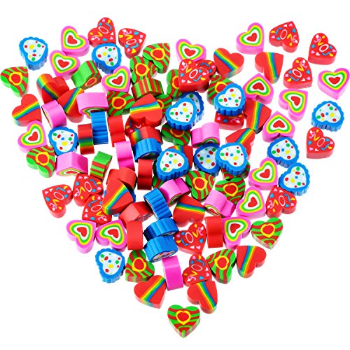 Product Cover 100 Pieces Mini Erasers Assortment Colorful Heart Erasers Novelty Heart Erasers for Party Favors, Homework Rewards, Gift Filling and Art Supplies (Style 1, 100 Pieces)