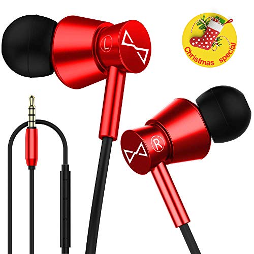 Product Cover Marsno M2 Wired in Ear Headphones, Earbuds, Full Metal Earphones with Mic and Volume Control, High Definition, Noise Isolating, Deep Bass, Ergonomic Design &Crystal Clear Sound,3.5mm Jack,Red Housing