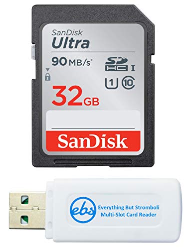 Product Cover SanDisk 32GB SDHC SD Ultra Memory Card Works with Canon EOS Rebel T7, Rebel T6, 77D Digital Camera Class 10 (SDSDUNR-032G-GN6IN) Bundle with (1) Everything But Stromboli Combo Card Reader