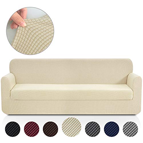 Product Cover Rose Home Fashion RHF Jacquard Stretch 2-Piece Sofa Cover, 2-Piece Slipcover for Leather Couch-Polyester Spandex Sofa Slipcover&Couch Cover for Dogs, 2-Piece Sofa Protector(Extra-Wide Sofa: Beige)