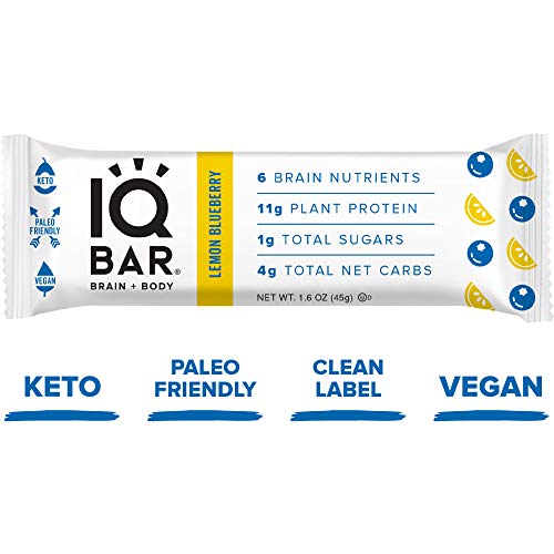 Product Cover IQ BAR Brain + Body Bars, Lemon Blueberry | Keto, Paleo-Friendly, Vegan | 11g Protein, 1g Sugar, 4g Net Carbs | Non-GMO, Gluten-Free, No Sugar Alcohols | 12-Count