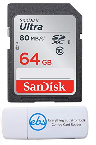 Product Cover SanDisk 64GB SDXC SD Ultra Memory Card 80mb Bundle Works with Canon EOS Rebel T7, Rebel T6, 77D Digital Camera Class 10 (SDSDUNC-064G-GN6IN) Plus (1) Everything But Stromboli (TM) Combo Card Reader