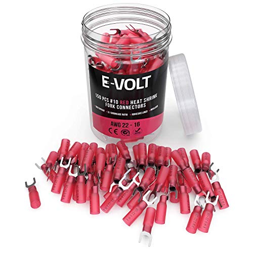 Product Cover E-VOLT 150 Fork Crimp Connectors - 3:1 Adhesive Heat Shrink Red Crimp Terminals for 22 20 18 16 Gauge Wires - Industrial Grade Insulated Wire Crimps for Marine, Automotive and Audio Use