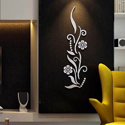 Product Cover Quaanti Flowers Acrylic Mirror Wall Sticker DIY 3D Effective Wall Decor Removable Home Decoration Living Room Bedroom Mural Decal Wall Art Clearance  (Silver)