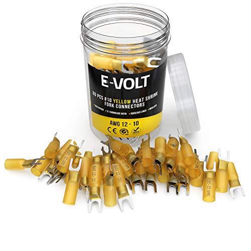 Product Cover E-VOLT Heat Shrink Fork Connectors - 80 PC Size #10 Yellow Crimp Terminals with 3:1 Adhesive Lined Shrink Tubing for 12-10 Gauge Wire - Industrial Grade Wire Crimps for Marine, Audio and Automotive