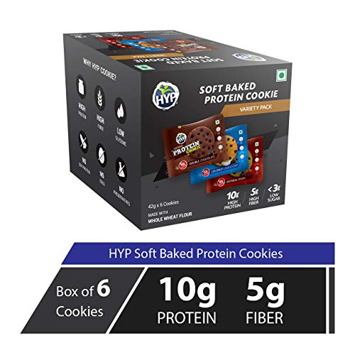 Product Cover HYP Protein Cookies Double chocolate, Coconut Choco Chip, Oatmeal Raisin Pack of 6 - (42 g x 6)