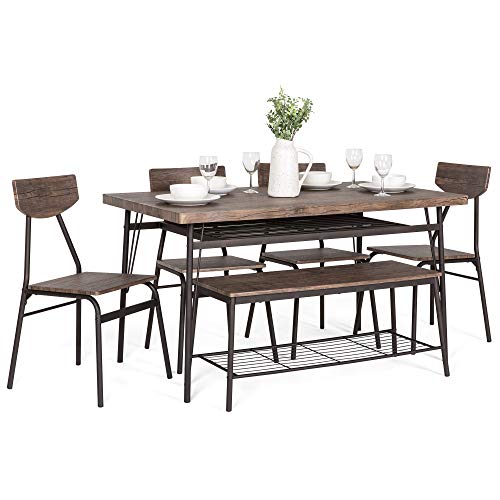 Product Cover Best Choice Products 6-Piece 55in Wooden Modern Dining Set for Home, Kitchen, Dining Room w/Storage Racks, Rectangular Table, Bench, 4 Chairs, Steel Frame, Brown