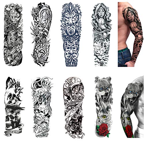 Product Cover Temporary Tattoos 8 Sheets,Black Full Arm Tattoo Body Stickers for Men Women Adults Kids