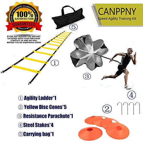 Product Cover CANPPNY Speed Agility Training Kit-Includes Agility Ladder with Carrying Bag, 5 Disc Cones, Resistance Parachute, 4 Steel Stakes.Use Equipment to Improve Footwork Any Sport.
