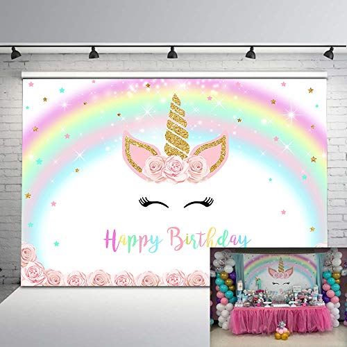 Product Cover Mehofoto Magical Unicorn Backdrop Gold Unicorn Pastel Rainbow Photo Background 7x5ft Pink Floral Smiling Unicorn Face Photography Backdrops for Children's Birthday Party Studio Props