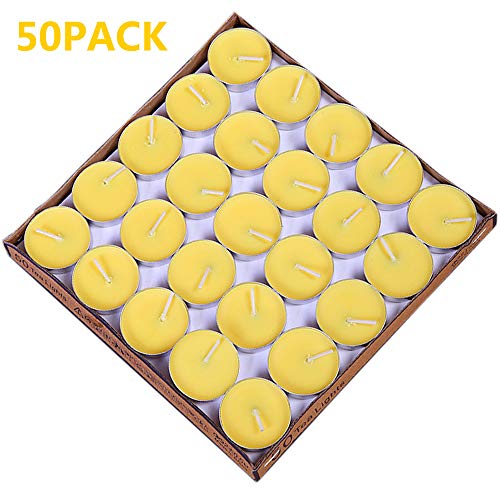 Product Cover Tea Lights Candles, 50 Pack Flameless Colorful Tealights Holder Variety Relaxing Paraffin Pressed Wax 2 Hours Burn Time for Travel,Centerpiece,Party Gift Happy Birthday New Year Wedding (Yellow)