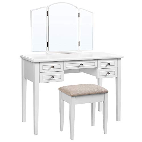 Product Cover VASAGLE Vanity Set with Tri-Fold Mirror, Dressing Table with 5 Drawers, Desk with 1 Stool, Makeup and Cosmetics Storage, Multifunctional, Easy to Assemble, White