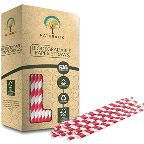 Product Cover Naturalik 300-Pack Biodegradable Red Paper Straws- Premium Extra Durable Eco-Friendly Paper Straws Bulk- Drinking Straws for Valentine's day Decorations and Restaurants, 7.7