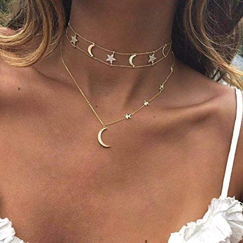 Product Cover Jovono Boho MultiLayered Choker Necklaces Moon Star Pendant Chain For Women and Girls(Gold)