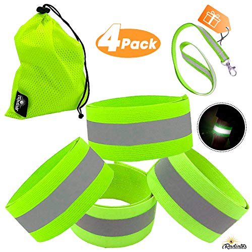 Product Cover Reflective Bands Reflector Running Gear - Adjustable Reflective Armband Arm Wrist Ankle Leg band - Reflective Tape Strap for Clothing Biking and Safety Night Walking for Men and Woman (4 Bands, Green)