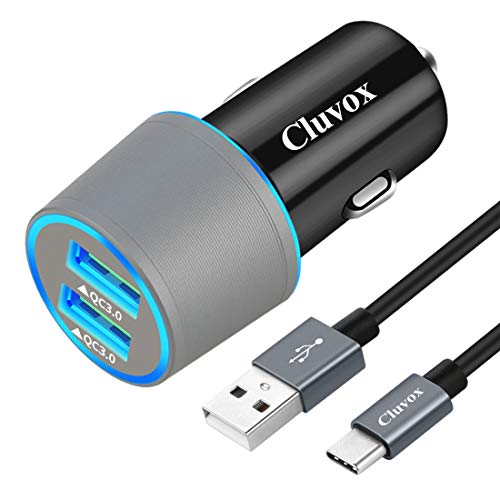 Product Cover Fast USB C Car Charger, Compatible for Samsung Galaxy S10+/S10e/S10/S9/S9 Plus/S8/S8 Plus/S8 Active/Note10/Note 9/8/A20/A50/A70, Quick Charge 3.0 Dual USB Rapid Car Charger with Type C Cable 3.3ft