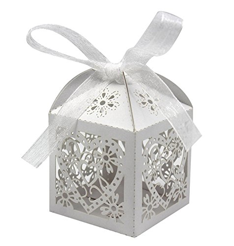 Product Cover KEIVA 100 Pack Love Heart Laser Cut Wedding Party Favor Box Candy Bag Chocolate Gift Boxes Bridal Birthday Shower Bomboniere with Ribbons (White, 100)