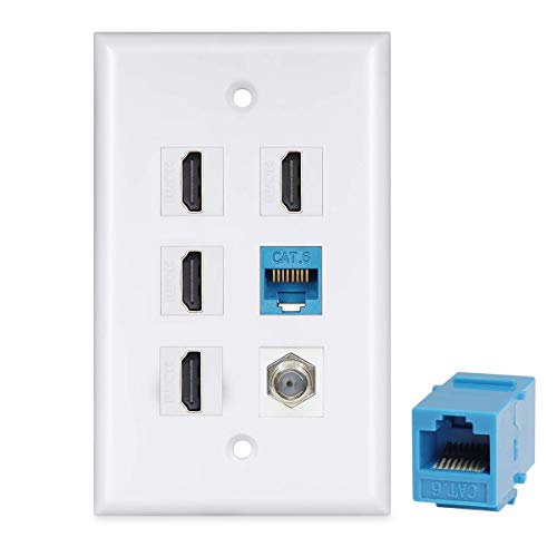 Product Cover HDMI Wall Plate 4 Port - HDMI Ethernet Coax Cable TV F-Type Wall Plate(White) - 4 Port HDMI + 2 Cat6 Ethernet + 1 Coax