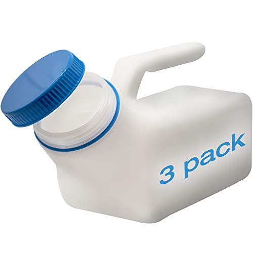 Product Cover Urinals for Men by Tilcare (3 Pack) - 32oz/1000mL Thick Plastic Mens Bedpan Bottle with Screw-on Lid - Spill Proof Urinary Chamber - Male Portable Pee Bottles - Travel Urine Collection Containers