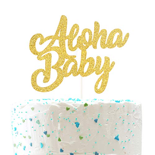 Product Cover Aloha Baby Cake Topper,Aloha Baby Shower Birthday Cake Topper,Luau Tropical Party Supplies,Summer theme（ Double Sided Gold Glitter ）