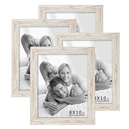 Product Cover BOICHEN 8x10 Picture Frame, Wood Pattern High Definition Glass Tabletop for Wall, White Woodgrain Photo Frames, 4 Pack
