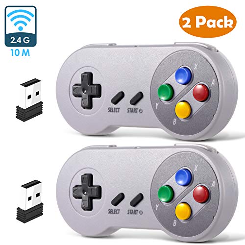 Product Cover 2 Pack 2.4 GHz Wireless USB Controller Compatible with Super NES Games, iNNEXT SNES Retro USB PC Super Classic Controller for Windows PC MAC Linux Genesis Raspberry Pi Retropie (Multicolored Keys)