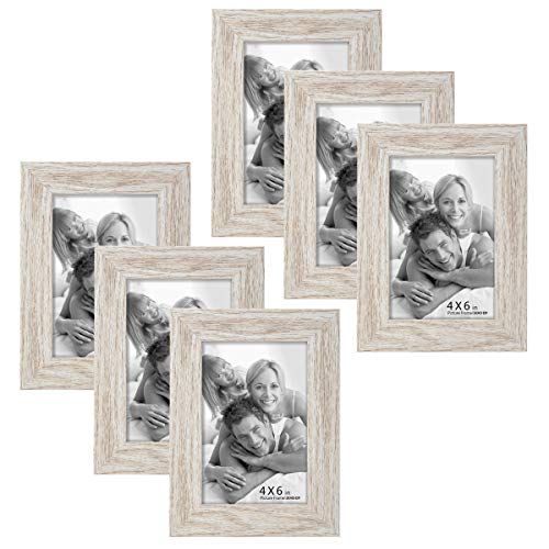Product Cover BOICHEN 6 Pack 4x6 Picture Frame Wood Pattern High Definition Glass Tabletop or Wall,White Woodgrain Photo Frames
