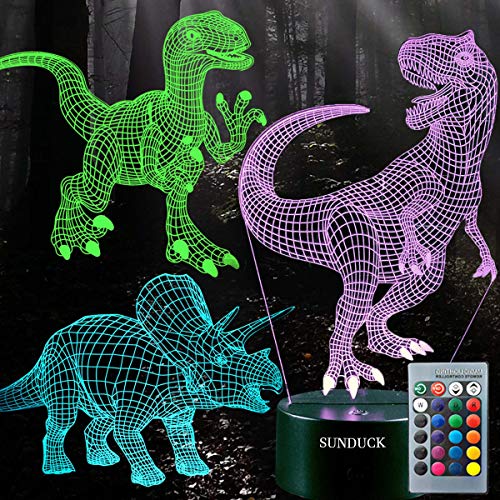 Product Cover sunduck 3D Dinosaur Night Light, 3D Illusion Lamp Three Pattern and 7 Color Change Decor Lamp with Remote Control for Living Bed Room Bar, Best Gift Toys for Boys Girls (3 Pcs)