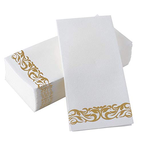 Product Cover Gmark Decorative Linen-Feel Guest Towels - Gold Floral Premium Bathroom Hand Towels, Pack of 100-12x17 Inches for Dinner, Wedding and Cocktail Party Disposable Soft & Durable GM1059C
