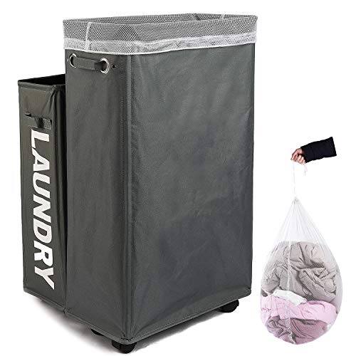 Product Cover Caroeas Laundry Hamper, Rolling Laundry Basket Collapsible Tall Slim Laundry Hamper with Washable & Breathable Mesh Liner Waterproof & Dustproof Laundry Cart on Wheels (Grey)