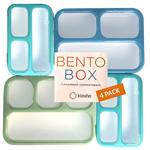 Product Cover Leakproof Bento Lunch and Snack Boxes. Family Pack of 4 Meal Planning Portion Containers For Women, Adults. BPA Free. Utensils. Blue, Green