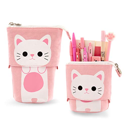 Product Cover EASTHILL Cartoon Cute Cat Pencil Pouch Canvas Pen Bag Standing Stationery Case Holder Box Student Girl Adult (Pink)