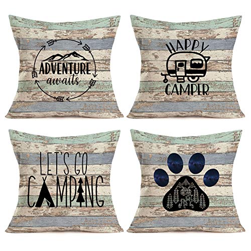Product Cover Asamour Camping Vintage Wood Home Decor Pillowcase Happy Campers Words with RV Travel Car Tent Mountain Tree Decorative Throw Pillow Case Cushion Cover 18''x18'' Set of 4