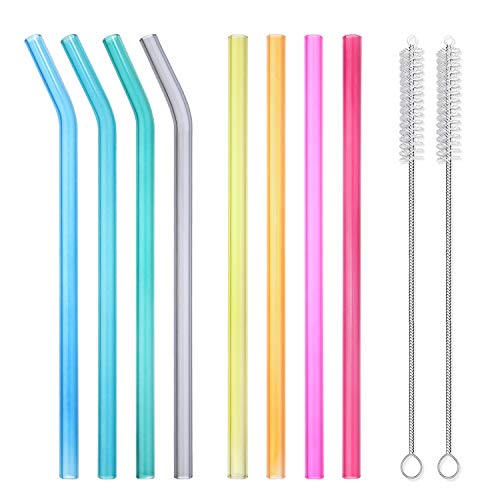 Product Cover Hiware 8-Pack Reusable Glass Straws - 8 Different Colors Drinking Straws for Milkshakes, Juices, Frozen Drinks, Smoothies, Bubble Tea - Environmentally Friendly