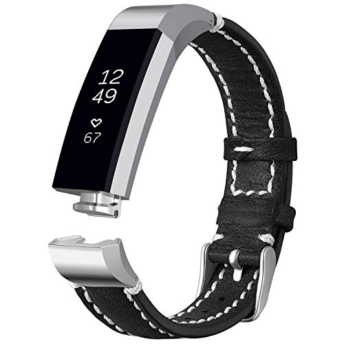Product Cover iHillon Compatible with Fitbit Alta (HR)/ Fitbit Ace Bands, Classic Soft Genuine Leather Strap Compatible with Fitbit Alta/Alta Hr/Fitbit Ace Women Men Wristband (Black)