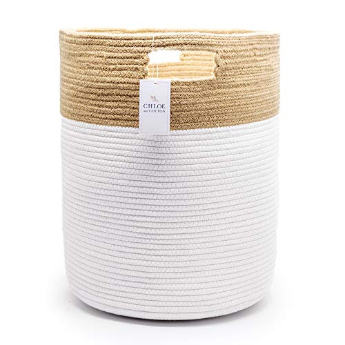Product Cover Chloe and Cotton Extra Large Tall Woven Rope Storage Basket 19 x 16 inch Jute White Handles | Decorative Laundry Clothes Hamper, Blanket, Towel, Baby Nursery Diaper, Toy Bin Cute Collapsible Organizer