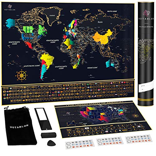 Product Cover Unique Scratch Off Map of The World - Large Deluxe Personalized Travel Map Poster with B0NUS Scratch Off USA Map - Outlined US States, Landmarks, Roads, Rivers - All Accessories Included - Great GlFT