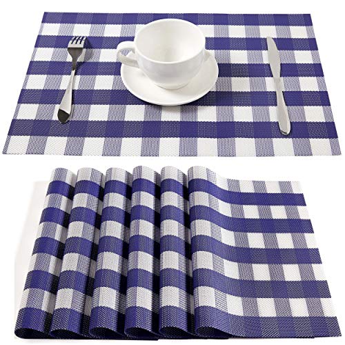 Product Cover Buffalo Check Placemats, Table Mats,Placemat Set of 6 Non-Slip Washable Place Mats,Heat Resistant Kitchen Tablemats for Dining Table(Navy Blue and White)