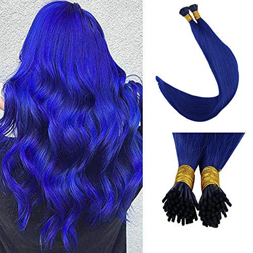 Product Cover Full Shine Remy Human Hair 16 Inch Keratin I Tip Human Hair Extensions Blue Color 0.8g Per Strand 40g Per Package Reheating Bead hair Extensions Cool Color 100% Remy Human Hair