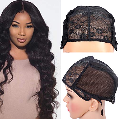 Product Cover 2PCS Glueless Double Lace Wig Caps Swiss Lace Adjustable Straps Breathable Large Black Weaving Cap for Making Wig