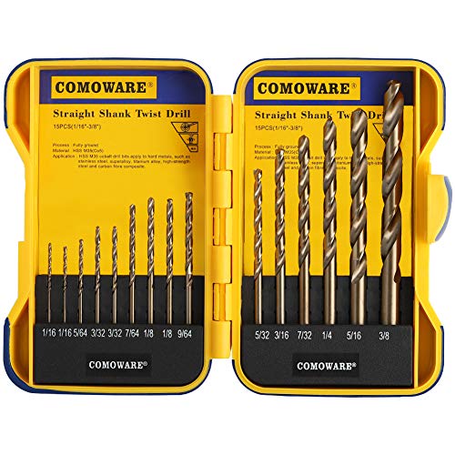 Product Cover COMOWARE Cobalt Drill Bit Set- 15Pcs M35 High Speed Steel Twist Jobber Length for Hardened Metal, Stainless Steel, Cast Iron and Wood Plastic with Indexed Storage Case, 1/16