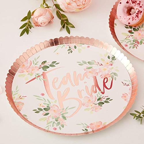 Product Cover Ginger Ray Floral Rose Gold Foiled Team Bride Hen Party Paper Plates - 8 Pack - Floral Hen, Multi