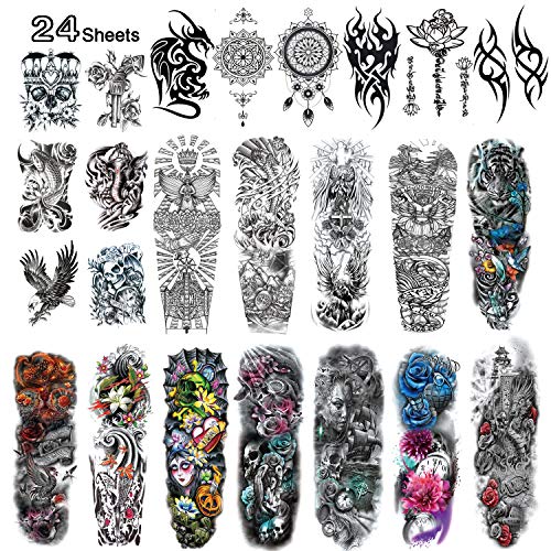 Product Cover Kotbs 24 Sheets Full Arm Temporary Tattoo, Large Arm Sleeve Tattoo Waterproof Temporary Tattoos for Women Men Body Art Tattoo Sticker Fake Tattoo