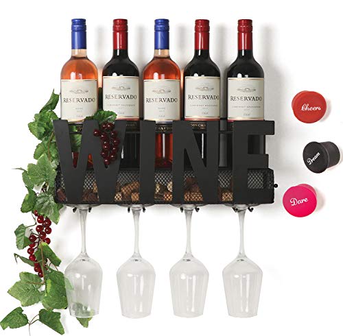 Product Cover SODUKU Wall Mounted Metal Wine Rack 4 Long Stem Glass Holder & Wine Cork Storage Wine