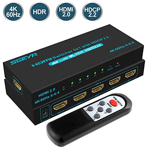 Product Cover SGEYR 4K@60Hz 5x1 HDMI Switch HDMI Selector Switch 5 Port HDR IR Remote 4K HDMI Selector Box 5 in 1 Out Auto Switch HDMI Switcher 2.0 HDCP 2.2,Full HD/3D Compatible with /PS4/DVD//Xbox/Projector