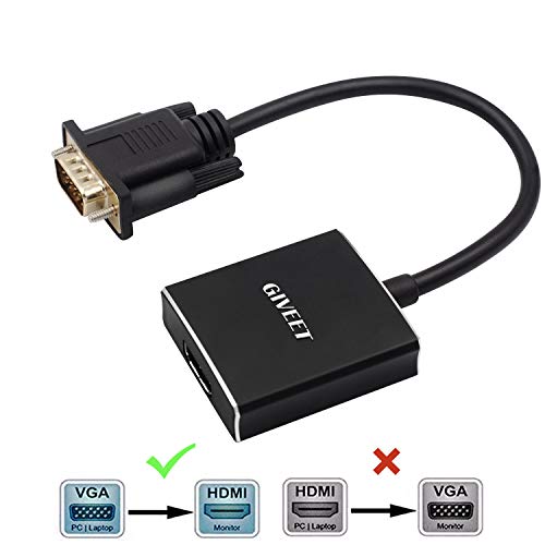 Product Cover Giveet 1080P VGA to HDMI Converter Adapter (Male to Female) for Computer, Desktop, Laptop, PC, Monitor, Projector, HDTV with Audio Cable and USB Cable (Aluminum Alloy)