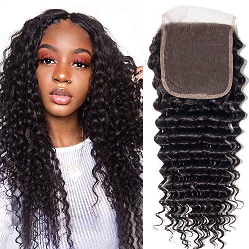 Product Cover Tinashe Hair 5x5 Inch Deep Wave Hair Lace Closure 100% Human Hair Extensions Brazilian Virgin Hair Deep Curly Closure Natural Color (16 inch 5x5 Closure)