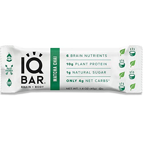 Product Cover IQ BAR Brain + Body Bar, Matcha Chai, 10g Plant Protein, 1g Sugar, 4g Net Carbs, Keto, Paleo Friendly, Vegan, Gluten Free, Low Carb, 1.6oz Bar, 12 Count
