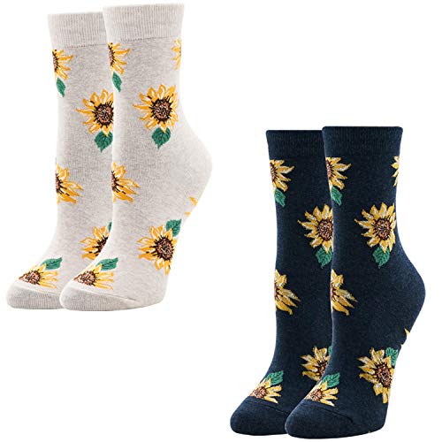 Product Cover Women Girls Novelty Funny Sunflower Crew Socks, Cute Funky Floral Christmas Gift